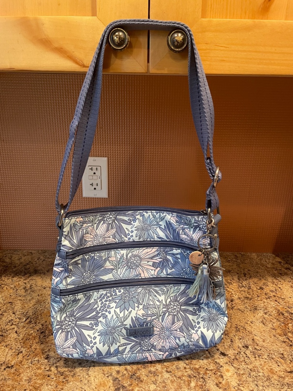 Sakroots Blue & Light Pink Floral Crossbody with Tassel Charm
